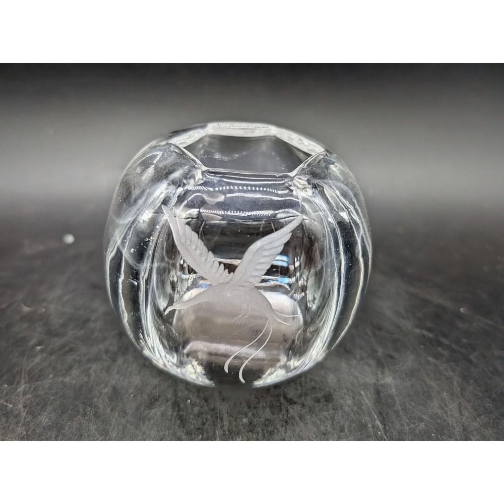 Signed Orrefors Glass Etched Bird Crystal Votive Holder Bud Vase Clear Heavy 3"